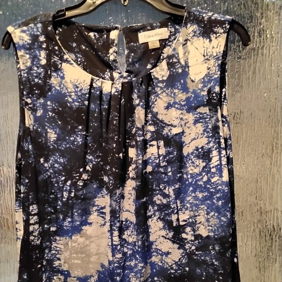 Calvin Klein: Blue/Black/White/Gray Sleeveless Blouse - Picture 2 of 3